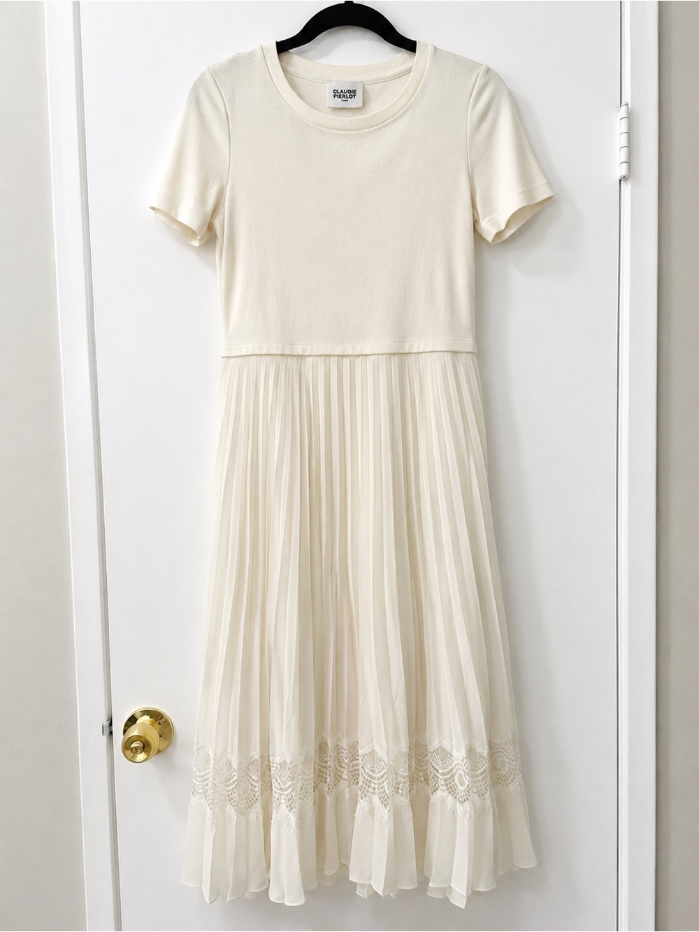 CLAUDIE PIERLOT Lace-Trim Cotton Midi Ivory Pleated Dress